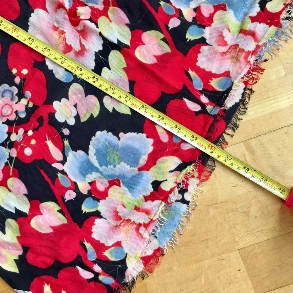 Floral, Lightweight Fringe Scarf, Navy Blue, Light Blue, Red, Pink, Yellow